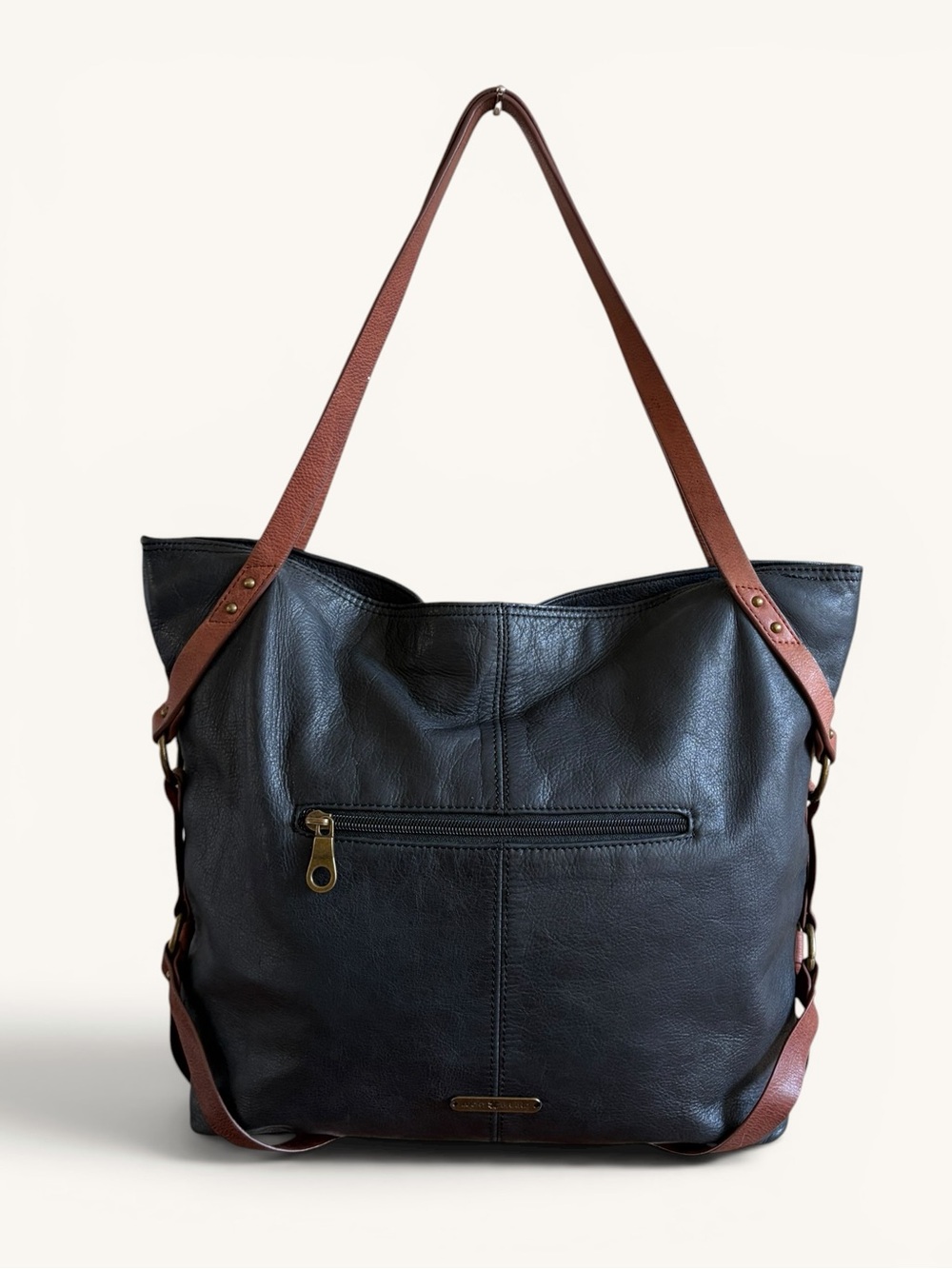 Lucky Brand Black Leather Tote with Brown Straps - Picture 2 of 16